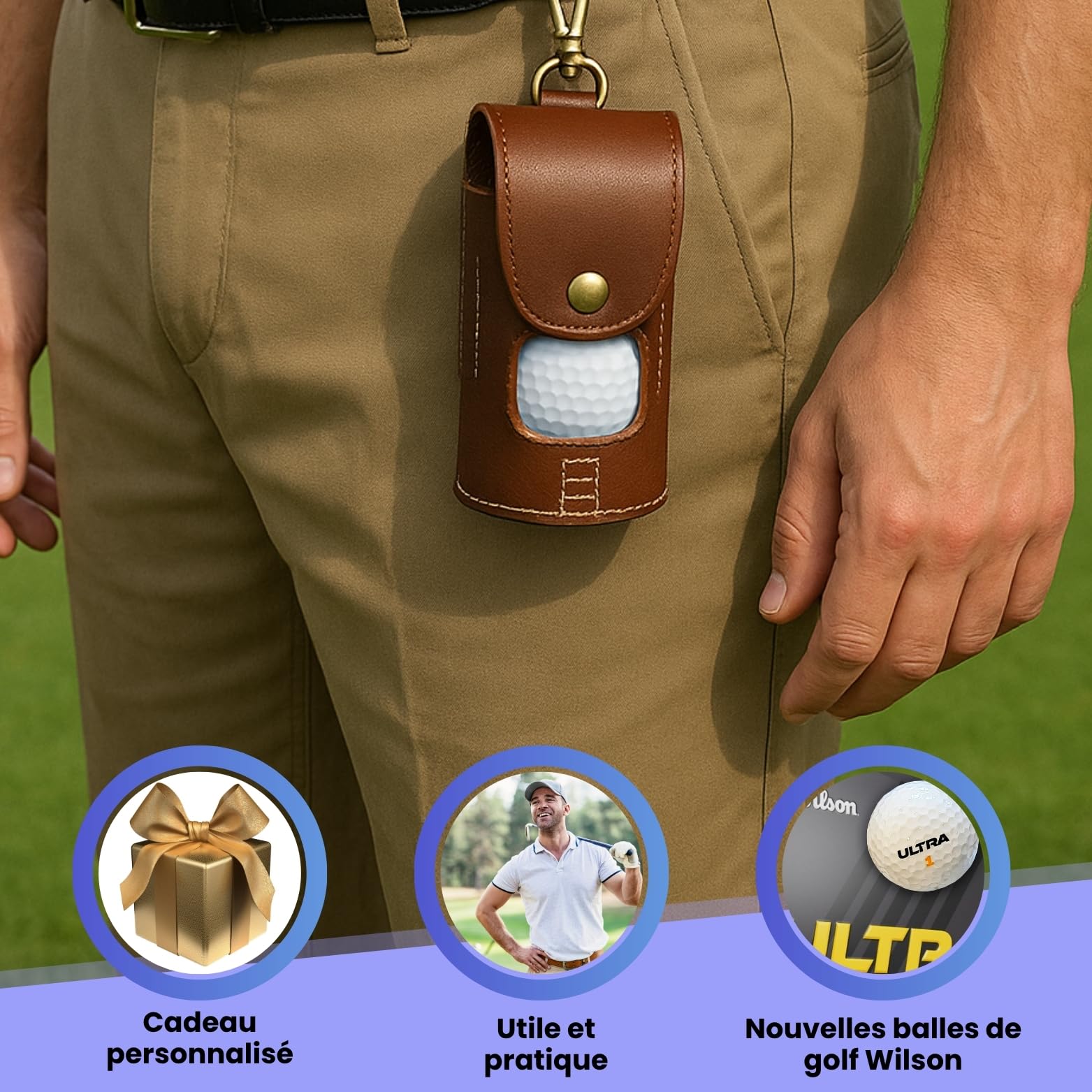 Étui en cuir pour balle de golf avec initiales gravées au laser - Personnalisable - Avec 4 balles de golf Wilson Ultra