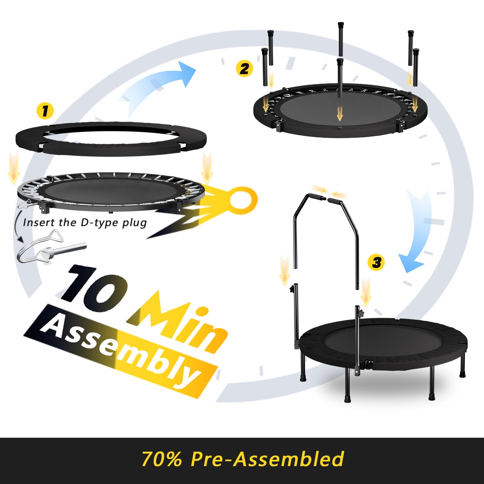 Trampolina fitness, składana, 101 cm, z uchwytem mocującym – mini trampolina dla dorosłych, uchwyt N, 36 sprężyn i 6 nóg – stabilna trampolina do domu i kardio – czarna