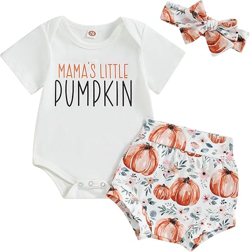 Conjunto de 2 piezas de trajes de Halloween para bebé niña, manga corta, estampado de letras, mameluco de calabaza, pantalones cortos 3, 6, 12, 18