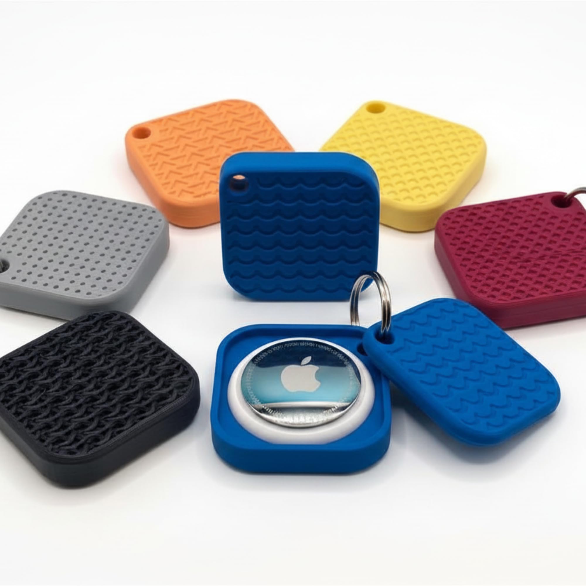 Textured Square Keychain Case for AirTag | Unique Protective Cover & Holder with Key Ring | Tracker Mount for Keys, Luggage, Backpacks and Pets | Random Pattern Design | 7 Colors (4, Blue)-image-25