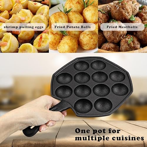 Miniatura 4 de DOERDO Takoyaki Maker Takoyaki - Molde de bolas de carne de pulpo de hierro fundido antiadherente para bolas de pulpo, 12 agujeros