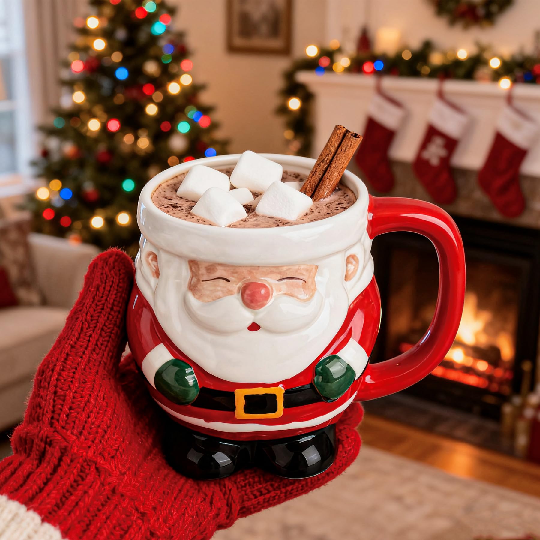 Lot de grandes tasses à café de Noël en céramique de 59 à 590 ml pour cappuccino, café, latte, boisson – Joli mug Père Noël fait à la main – Cadeau de vacances et décoration de Noël