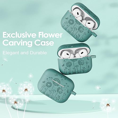 Miniatura 3 de MINSCOSE Funda compatible con AirPods Pro, bonito diseño de patrón grabado de flores con llavero floral, funda protectora de silicona suave a prueba