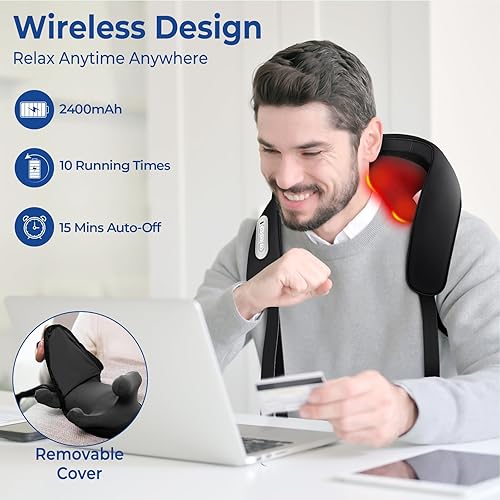 Miniatura 7 de KingPavonini Masajeador de cuello ajustable de ancho con 5 zonas de calor, masajeador de hombro Shiatsu inalámbrico 6D para aliviar el dolor de