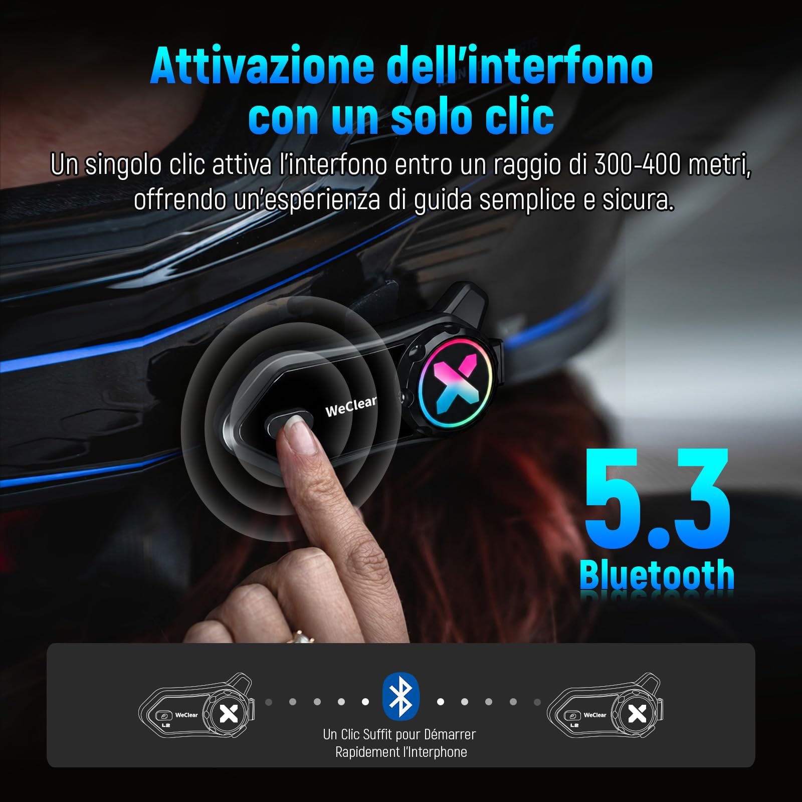 L2 Interfono Moto Bluetooth 5.3, Auricolare Casco Impermeabile IP67 | Interfono moto con batteria 1000mAh per 35H di autonomia, Supporta condivisione musica e luce RGB