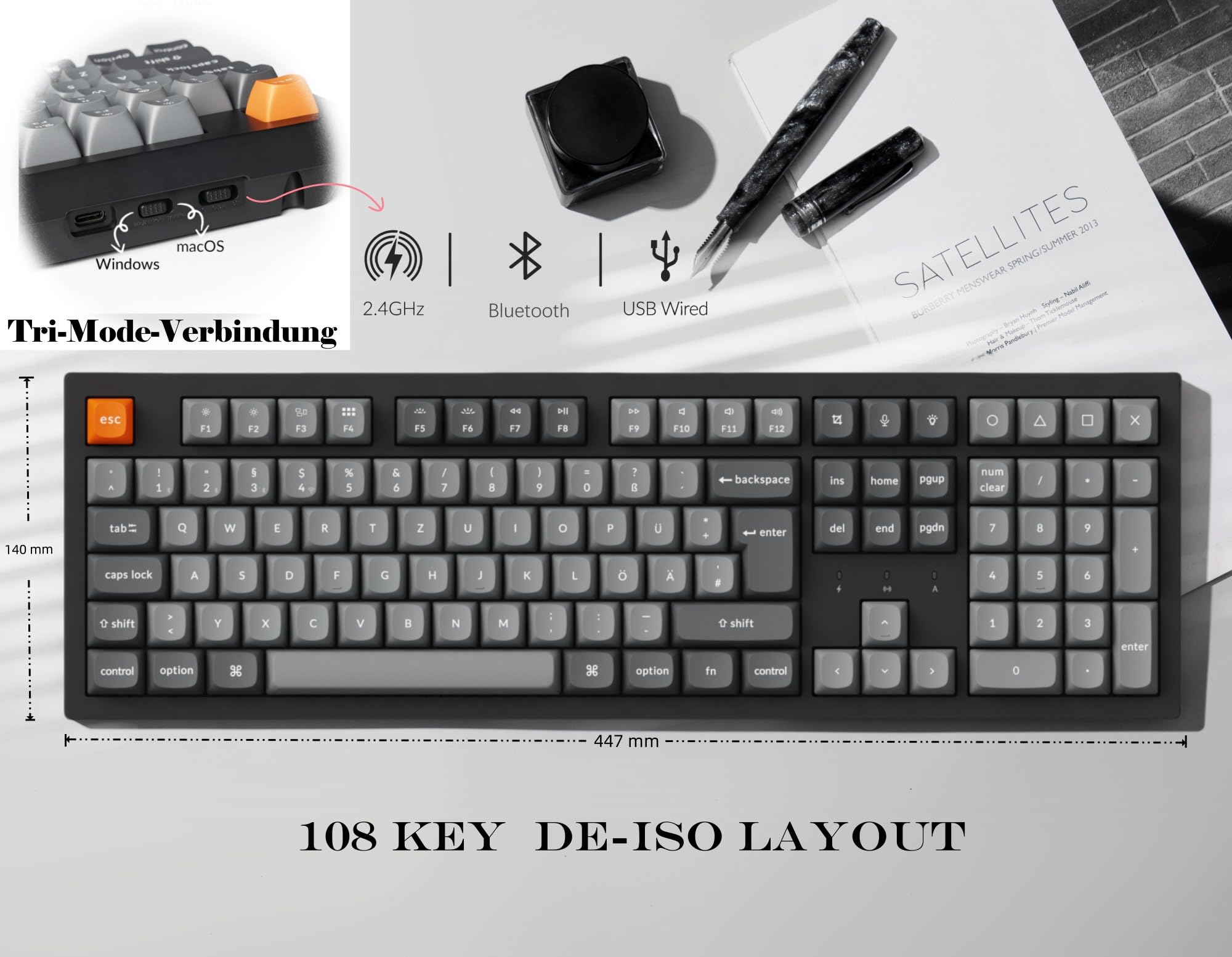 Keychron K10 Max Kabellose DE-ISO Mechanische Tastatur,QMK 2.4 GHz Bluetooth Vollgröße Weiße Hintergrundbeleuchtung Kompatibel mit Mac Windows Linux Banana Switches