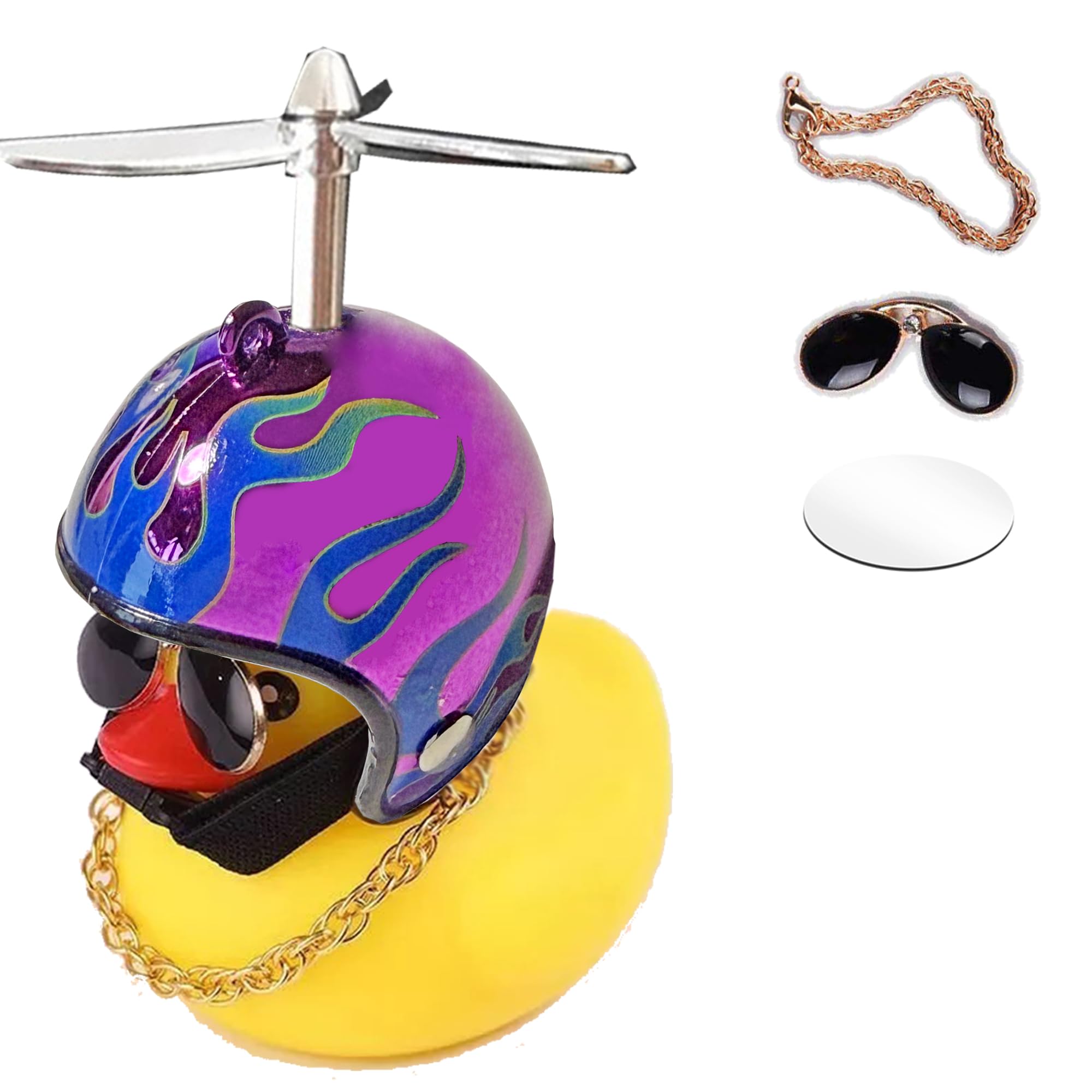 ACEDOAMARE Duck Bike Bell, Cute Rubber Yellow Duck Bicycle Accessories LED Light Propeller Cool Flame Mirror Helmet Squeeze Horns for Cycling Motorcycle Handlebar Bicycle (Mirror purple&Silver fan)