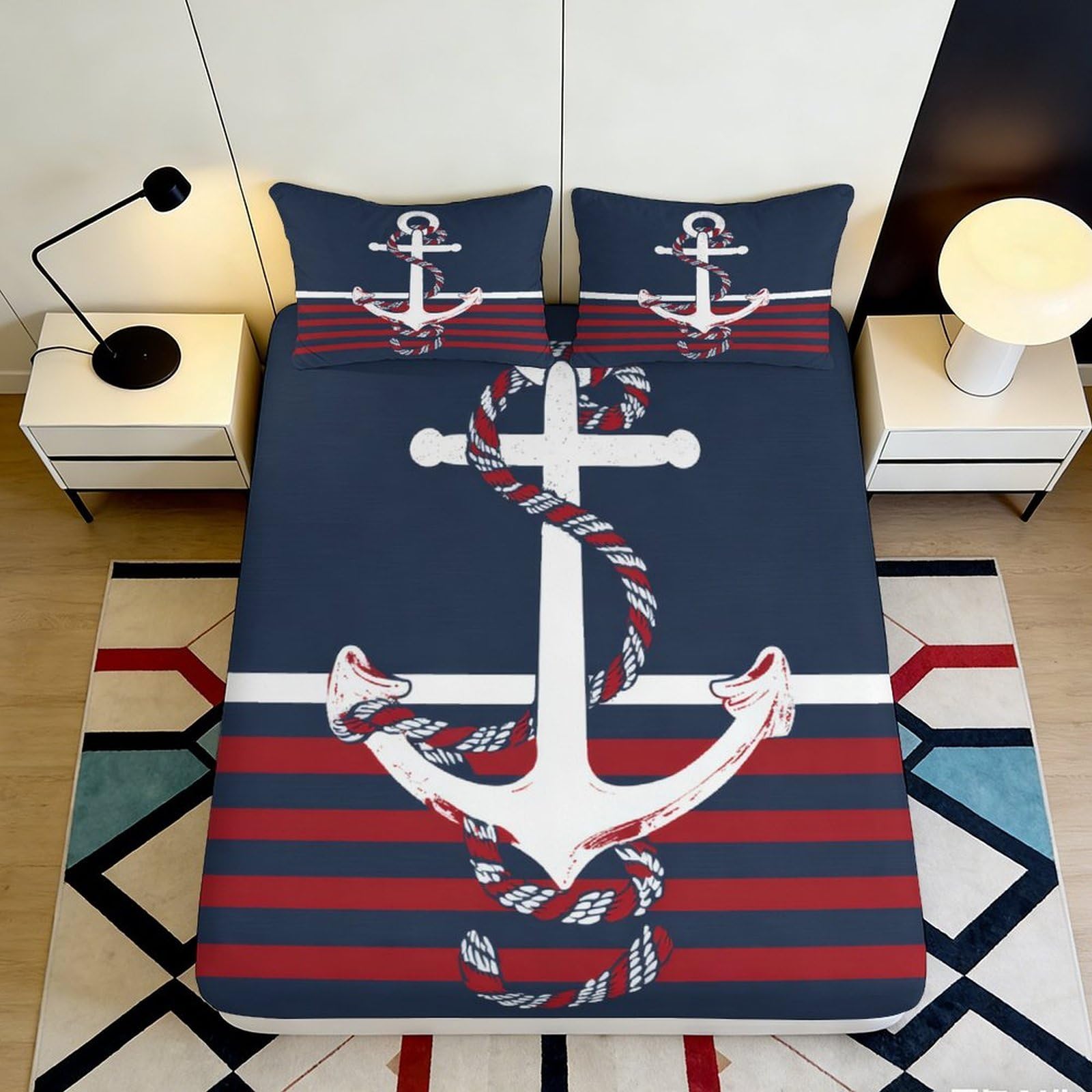 3D Printed Nautical Anchor Fitted Sheet Microfiber Soft Navy Stripe Rope Mattress Cover for Bedroom Guest Room 90x200x25cm