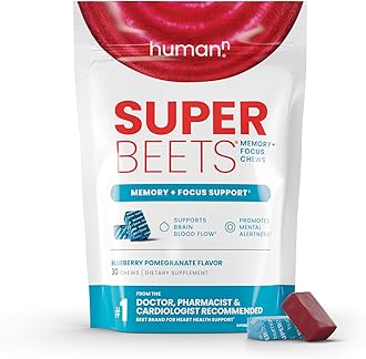 Humann SuperBeets Brain Supplements for Memory and Focus Chews, Mental Alertness, Clinically Studied Nootropics, Resveratrol Supplement Plus Beet Root Powder, Blueberry Pomegranate Flavor, 30 Count