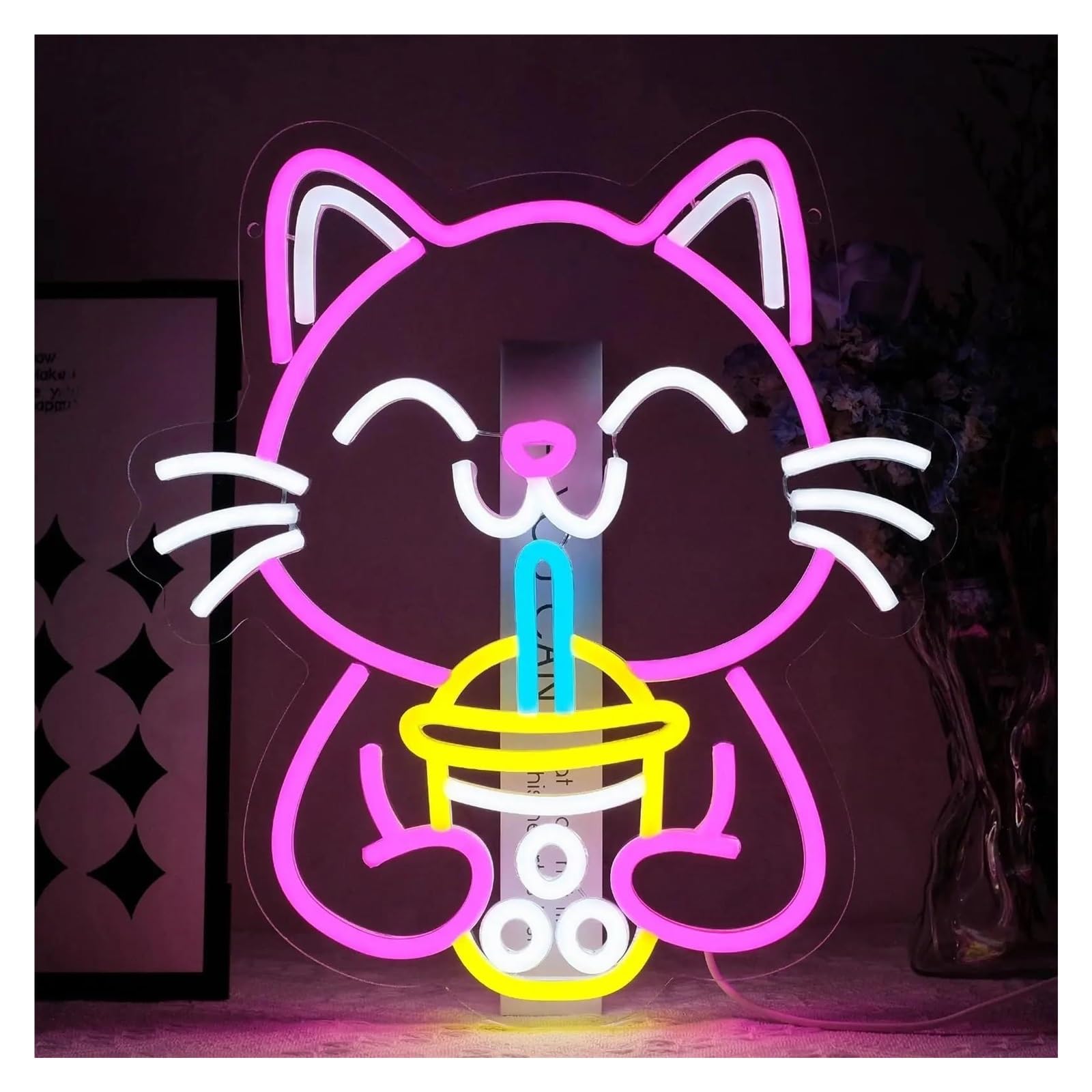 LEMST Sign Lamp Beverage Cat Neon Sign for Wall Decorations, Suitable for Dessert Shop Bar Party Milk Tea Store 32cmх35cm