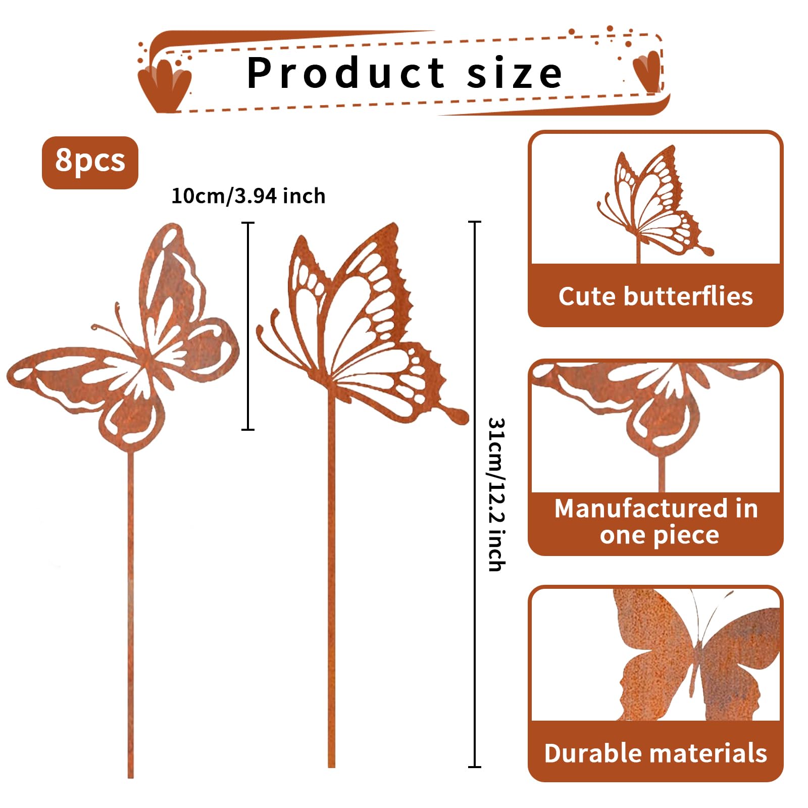 8 Piezas Estacas De Jardín De Mariposa En Metal, Decoración Exterior Resistente A La Intemperie para Primavera, Verano Y Otoño, Ideal para Balcón, Terraza Y Parterre