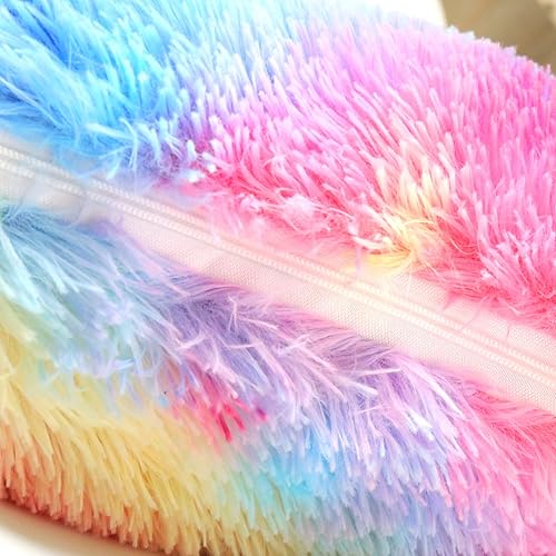 Miniatura 5 de Almohadas esponjosas para decoración de habitación de niña para cama, funda de almohada suave de piel sintética para sofá rosa arcoíris, juego de 2