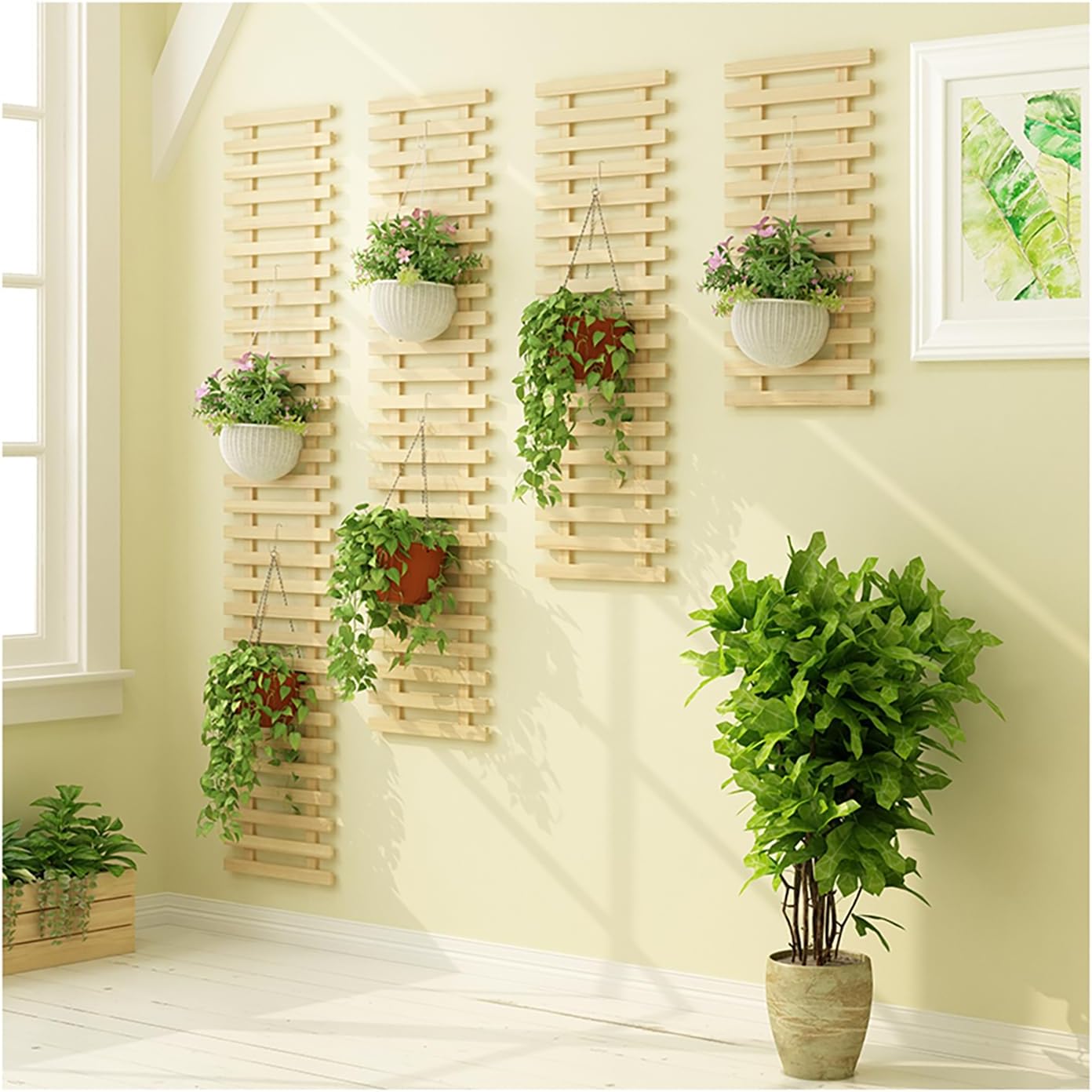 Set of 4 Wooden Wall Planters for Indoor Plants, Wooden Lattice Wall Mount Planter Stand, Frame Display Air Plant Holders Outdoor Vertical Rack, Wall Decoration for Garden (Log Color)