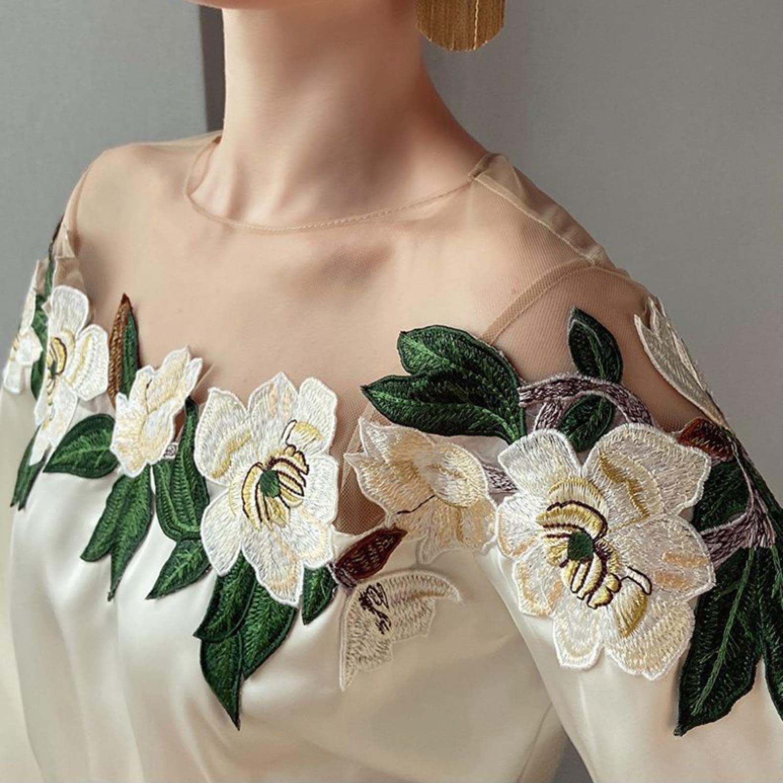 Siatkowa patchworkowa satynowa haftowana koszula damska latarnia rękaw vintage bluzka damska na co dzień topy moda nowe eleganckie bluzki