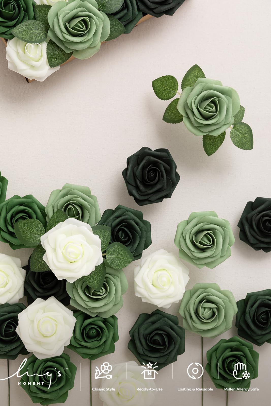 Ling's Moment Flores artificiales, 25 rosas de 3 pulgadas en tonos verde esmeralda, relleno floral de espuma realista para ramos de boda, centros de mesa, fondos de fiesta al aire libre,