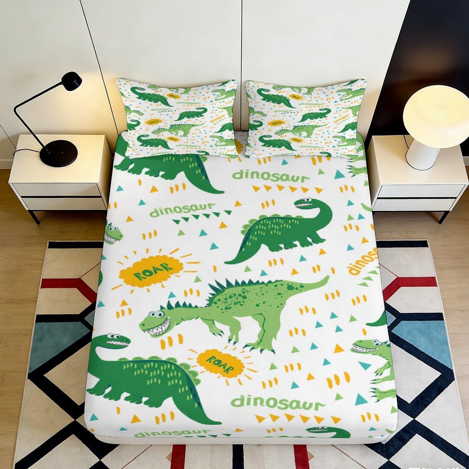 3D Printed Green Dinosaur Fitted Sheet Microfiber Soft Cartoon Mattress Cover for Bedroom Dorm Room Easy Care 90x200x25cm