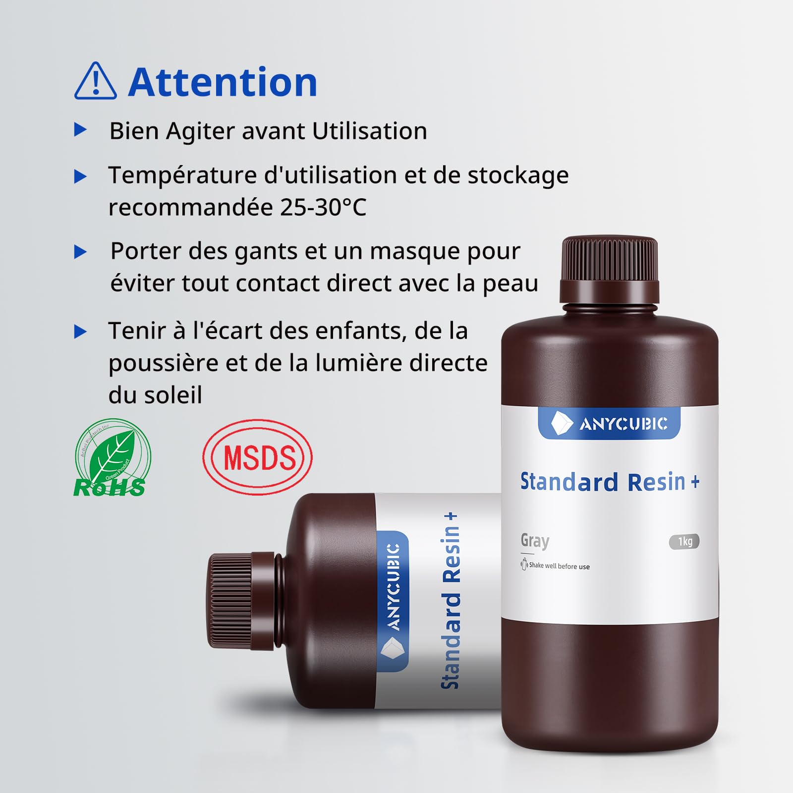 ANYCUBIC Résine Standard + Photopolymère Amélioré, Résine Standard d'Imprimante 3D DLP LCD, Plus Résistante et Plus Précise avec Photopolymérisation UV 405 nm Résine Rapide pour l'impression 3D,Gris