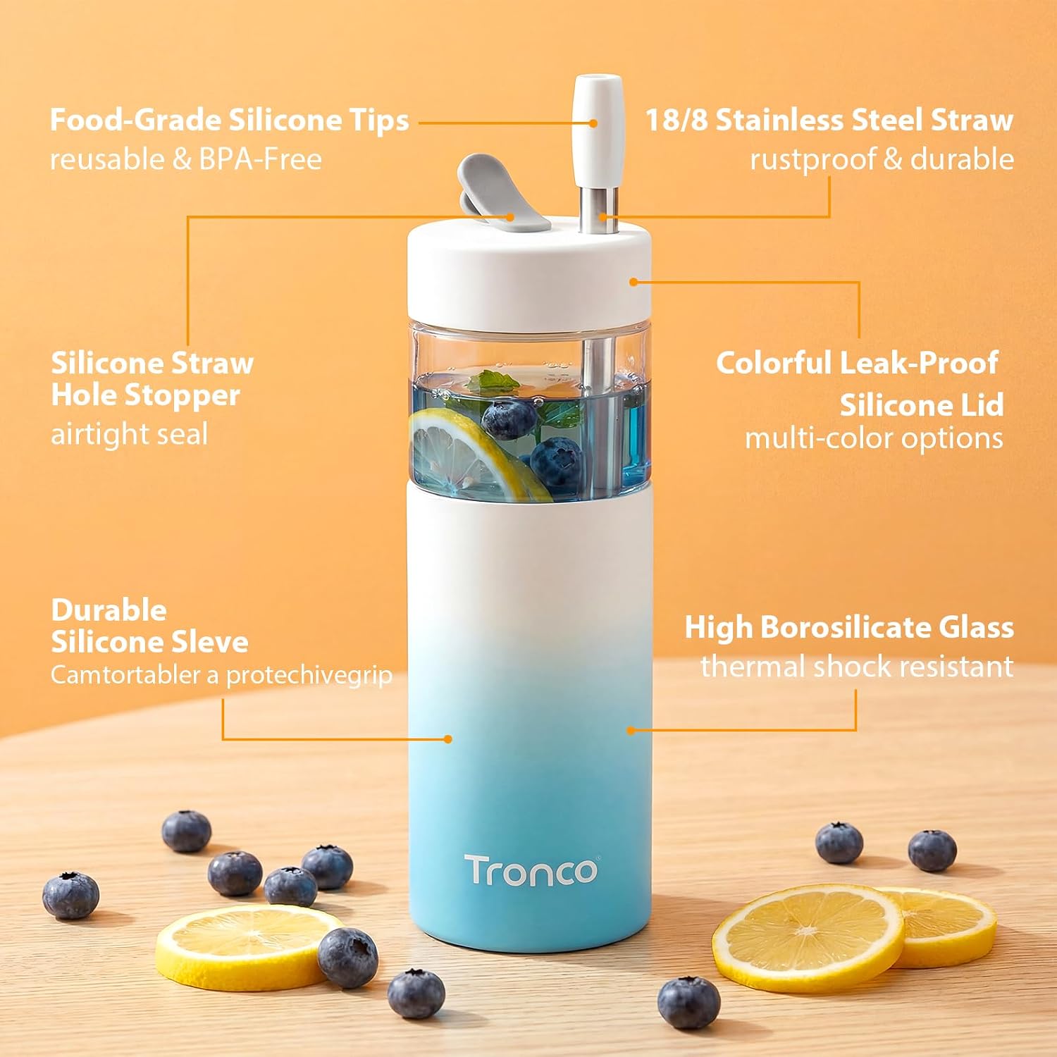 Tronco 24 oz Glass Tumbler with Lid and Straws, Leakproof Iced Coffee Cups