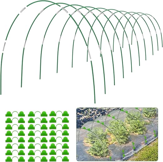Garden Hoops for Raised Beds, 50pcs 7ft Grow Tunnel Greenhouse Support Hoops Rust-Free Frame for Garden Netting Row Cover Fabric, 10 Set DIY Fiberglass for 3 & 4 Ft Wide, 30pcs Clips