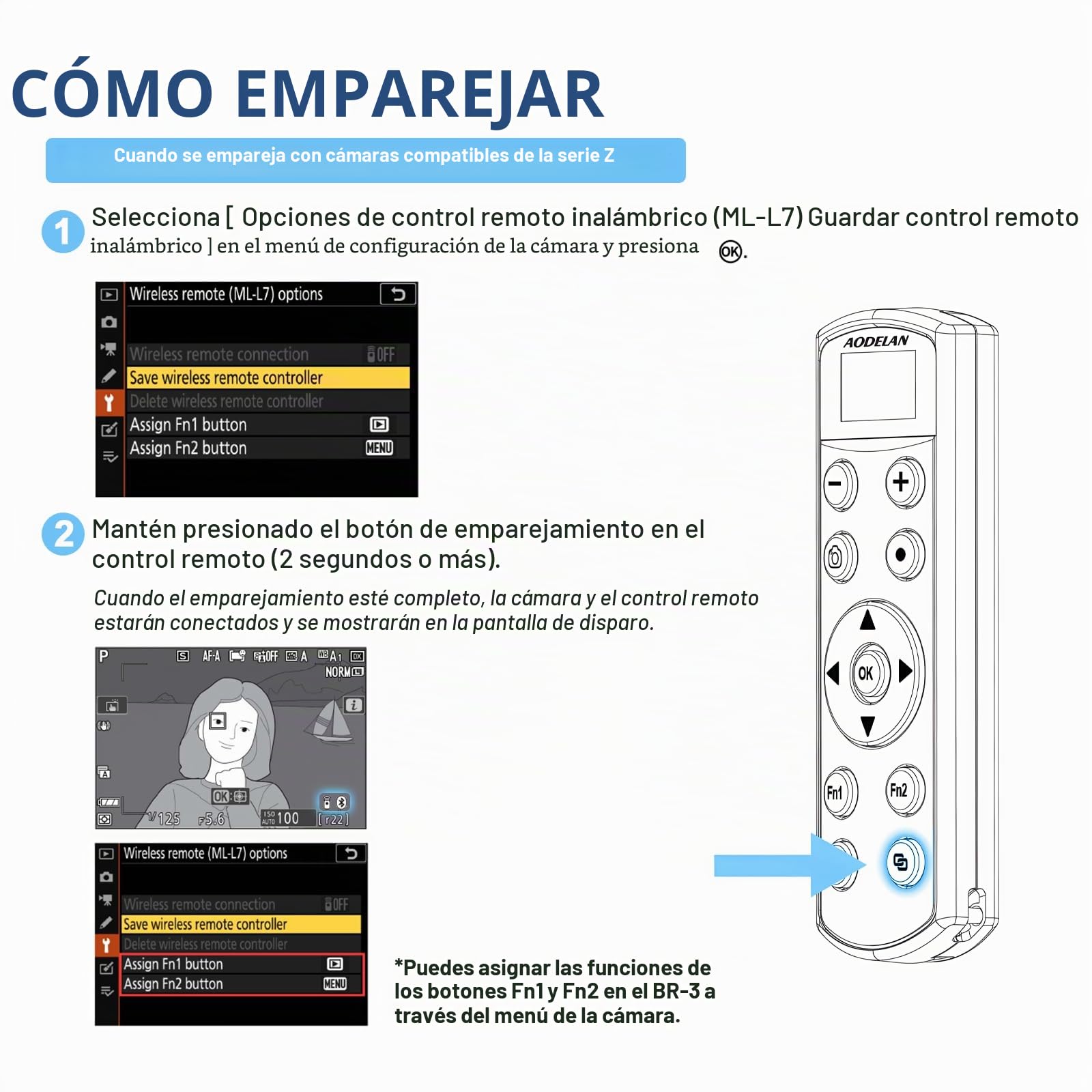 Disparador recargable para cámara inalámbrica Nikon, mando a distancia compatible con COOLPIX P1000, P1100, P950, B600, A1000, Z50, Z30, Z fc, Z6 II, Z7 II, Z5, sustituye a AODELAN ML-L7 (negro)