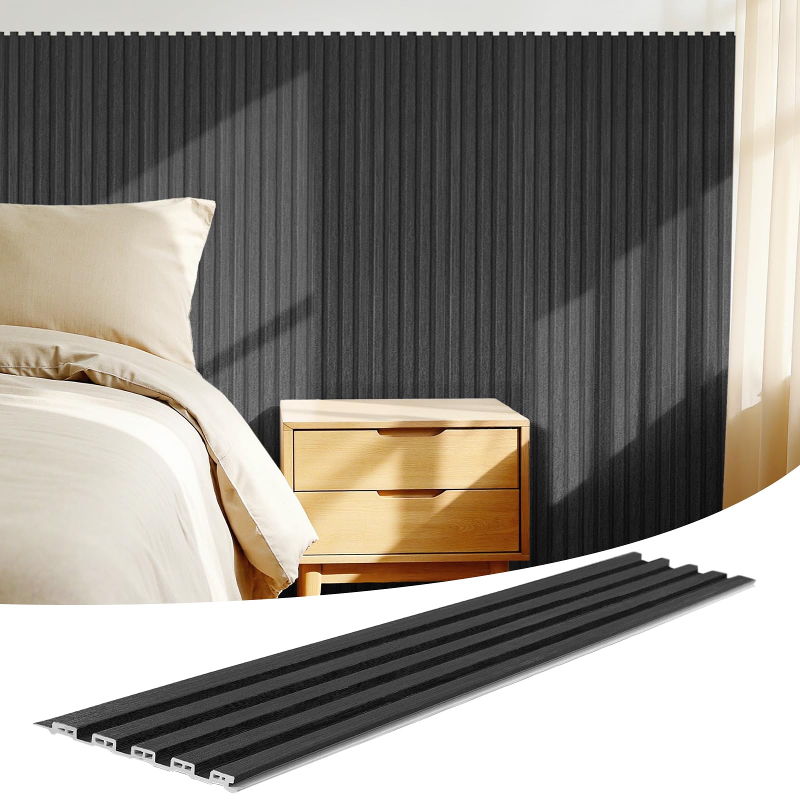 wpc slat wall panels 16 pack 48" x 6", waterproof fluted wall paneling, accent 3d wall panel for wall decor, bathroom, bedroom, office - low grille black (cover approx.32 sq.ft)