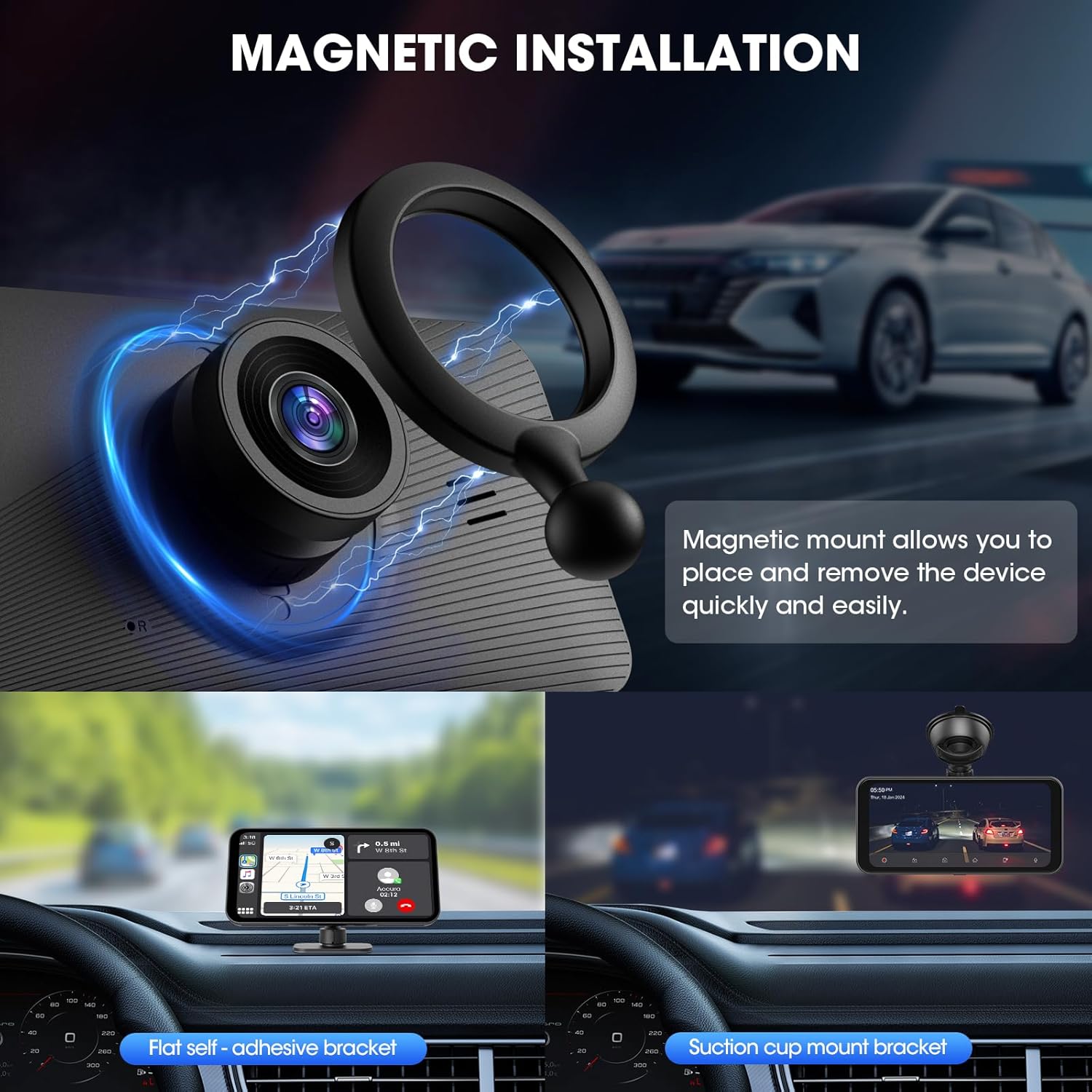 AKAMATE Portable CarPlay Stereo showing magnetic installation with a close-up of the magnetic mount and examples of flat self-adhesive bracket and suction cup mount bracket installations in a car.
