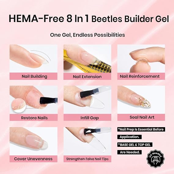 Beetles Builder Gel HEMA-Free, Clear building gel with Nail Art Brush | 8 in 1 for Building Apex Strengthening Thickening & Extension, Beginner DIY Salon at Home, UV Lamp Needed, Sheer Breeze