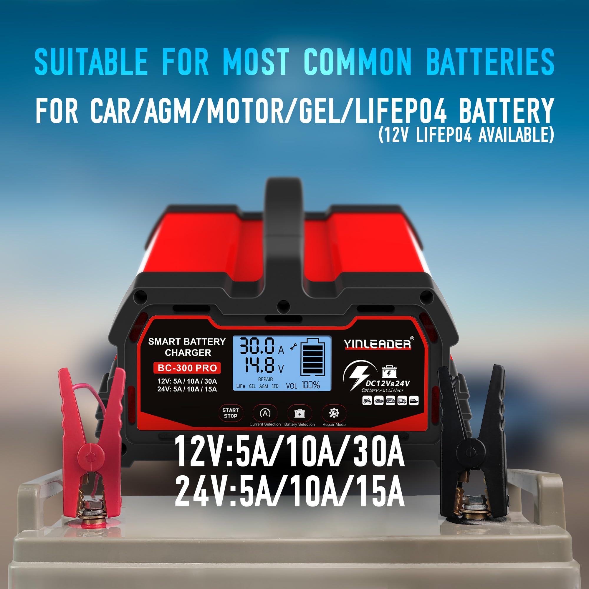 Yinleader Ładowarka samochodowa 30 A 12 V/24 V w pełni automatyczna inteligentna ładowarka samochodowa z wyświetlaczem LCD