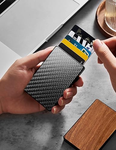 Miniatura 5 de NEW-BRING Pop Up Card Wallet for Men Minimalist Credit Card Holder Slim Carbon Fiber Wallet RFID Blocking(Carbon Fiber)