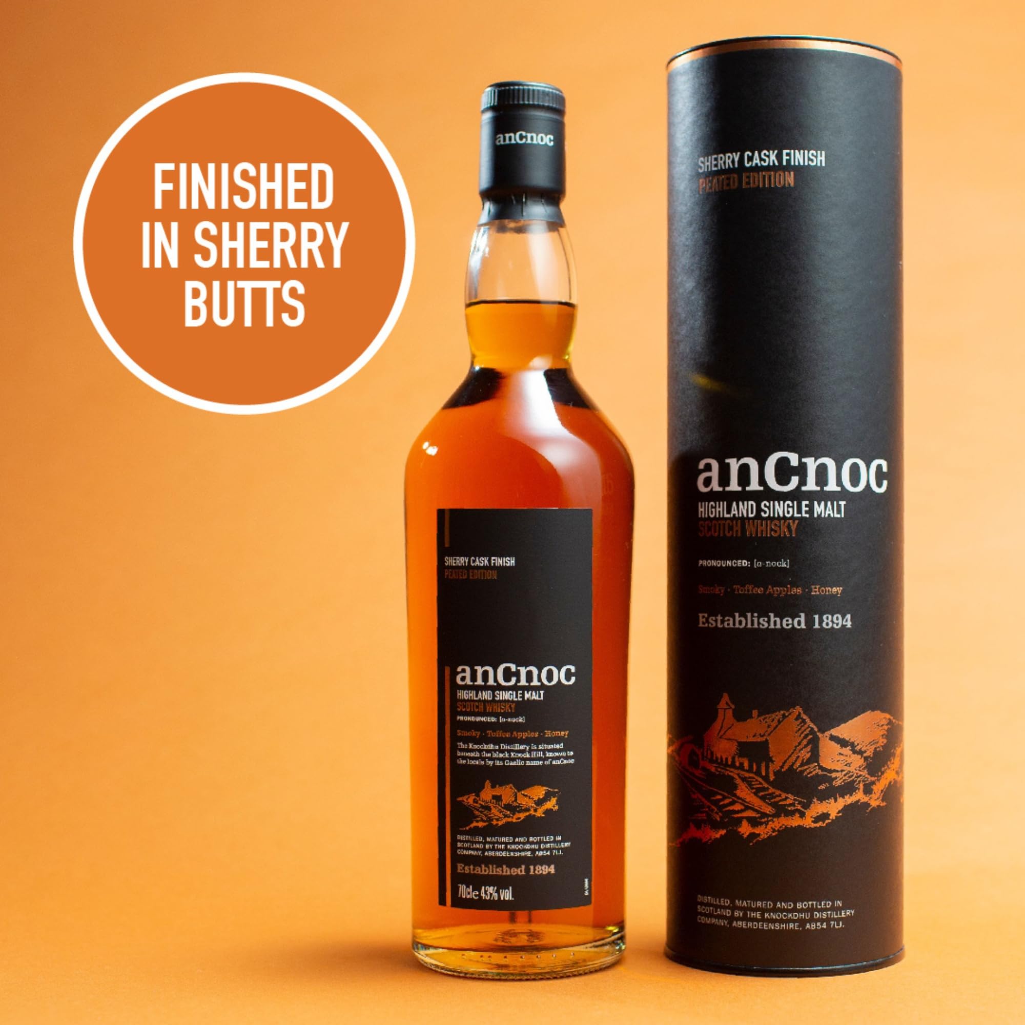 AnCnoc Highland Single Malt Scotch Whisky Sherry Cask Finish Peated Edition 43% Vol. 0,7l in Geschenkbox