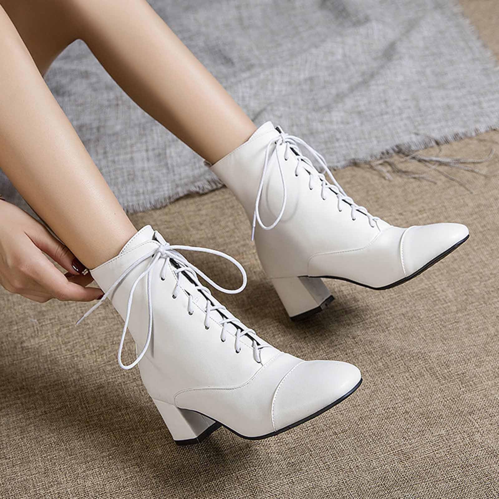Generisch Stiefel Damen Modische Stiefeletten mit quadratischem Absatz und Schnürung für den Herbst kurze Schuhe runder Zehenpartie