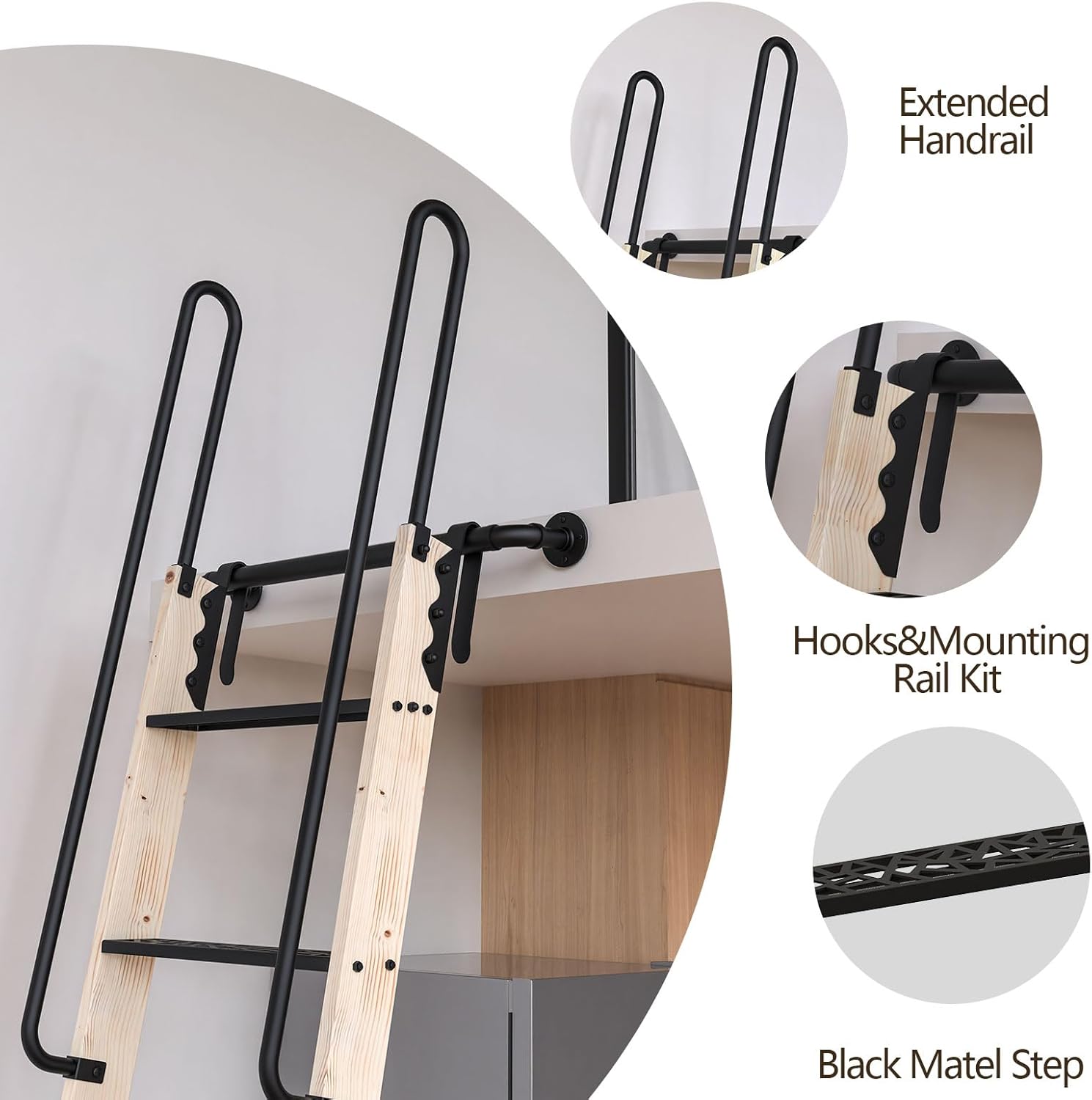 72inch Knotty Pine Wood Library Ladder with Black Metal Step and Handle, Includes 24inch Rustic Black Wall Mount Pipe Railing with Hooks(Suitable Installation Height 70-5/8")