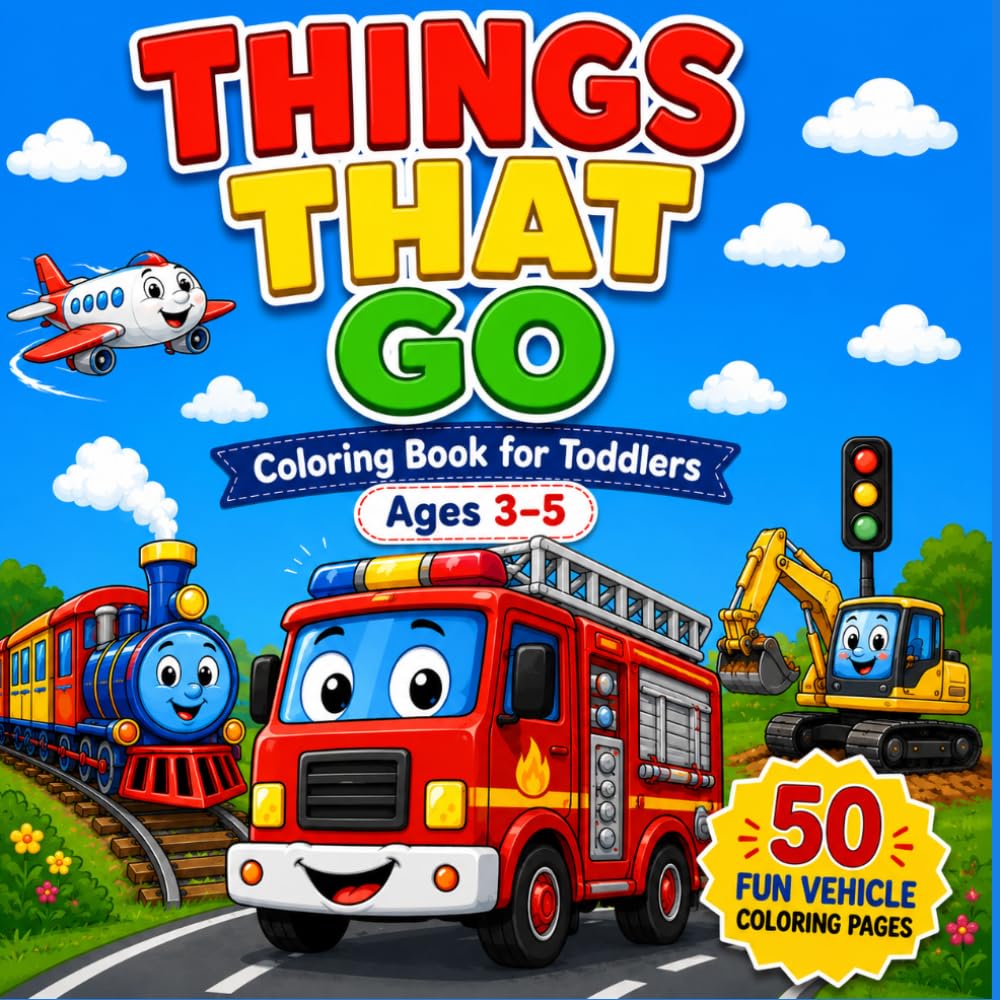 Things That Go Coloring Book for Toddlers: 50 Fun Cars, Trucks, Trains, Planes & Construction Vehicles for Ages 3–5