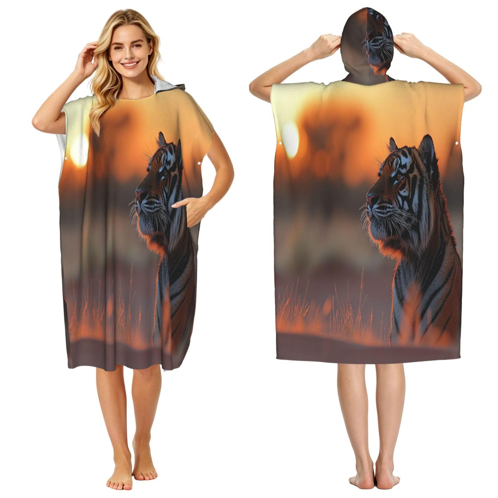 DTHKJNLSF The Tiger Under The Sunset Adult Hooded Beach Poncho Towel