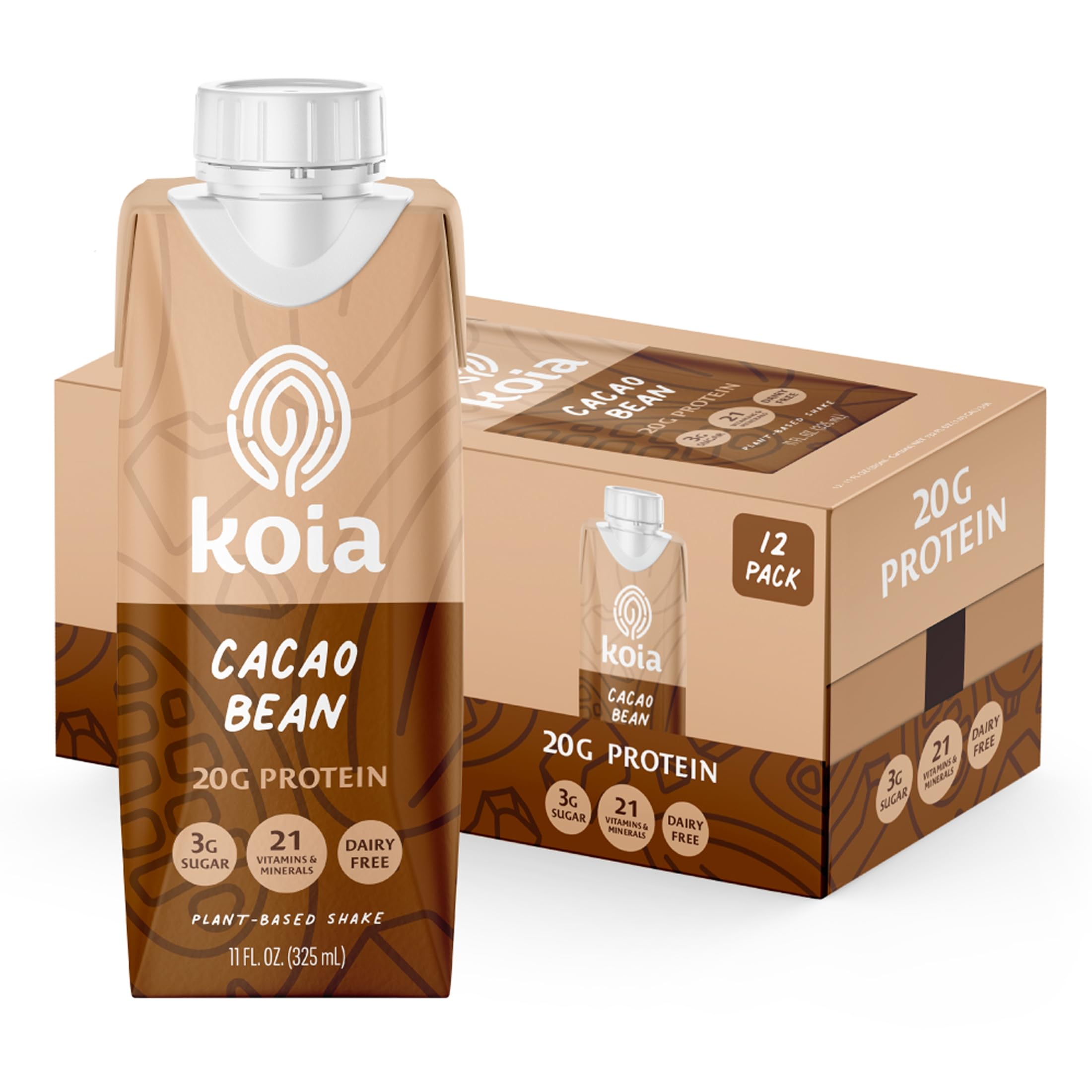 Koia Plant-Based Protein Shake, Cacao Bean, 11 Fl Oz (Pack of 12) Cacao Bean 11 Fl Oz (Pack of 12)