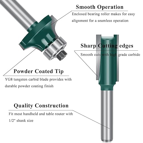 Miniatura 2 de TAIWAIN - Juego de brocas de enrutador de 1/4 de pulgada, 41 piezas, cortador de fresado de madera para panel de gabinete, riel y tile, inglete de