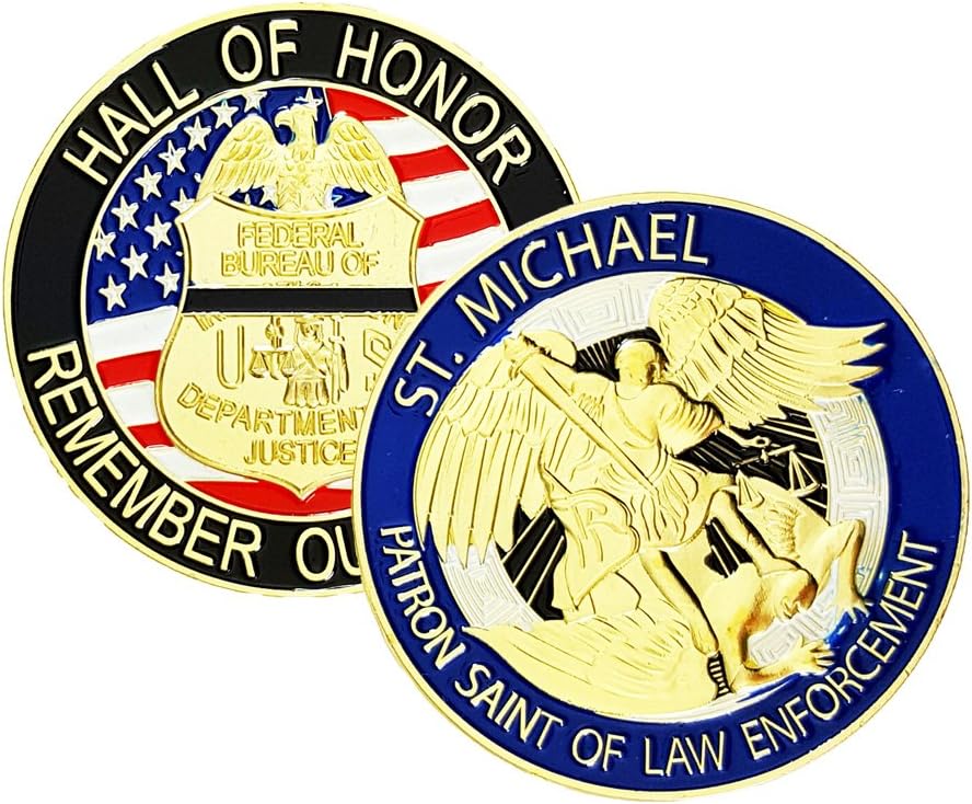 AIIZ Collectibles FBI Challenge Coin, St Michael Patron Saint of Law Enforcement Hall of Honor, Remember The Fallen Police, Dept of Justice Challenge Coin