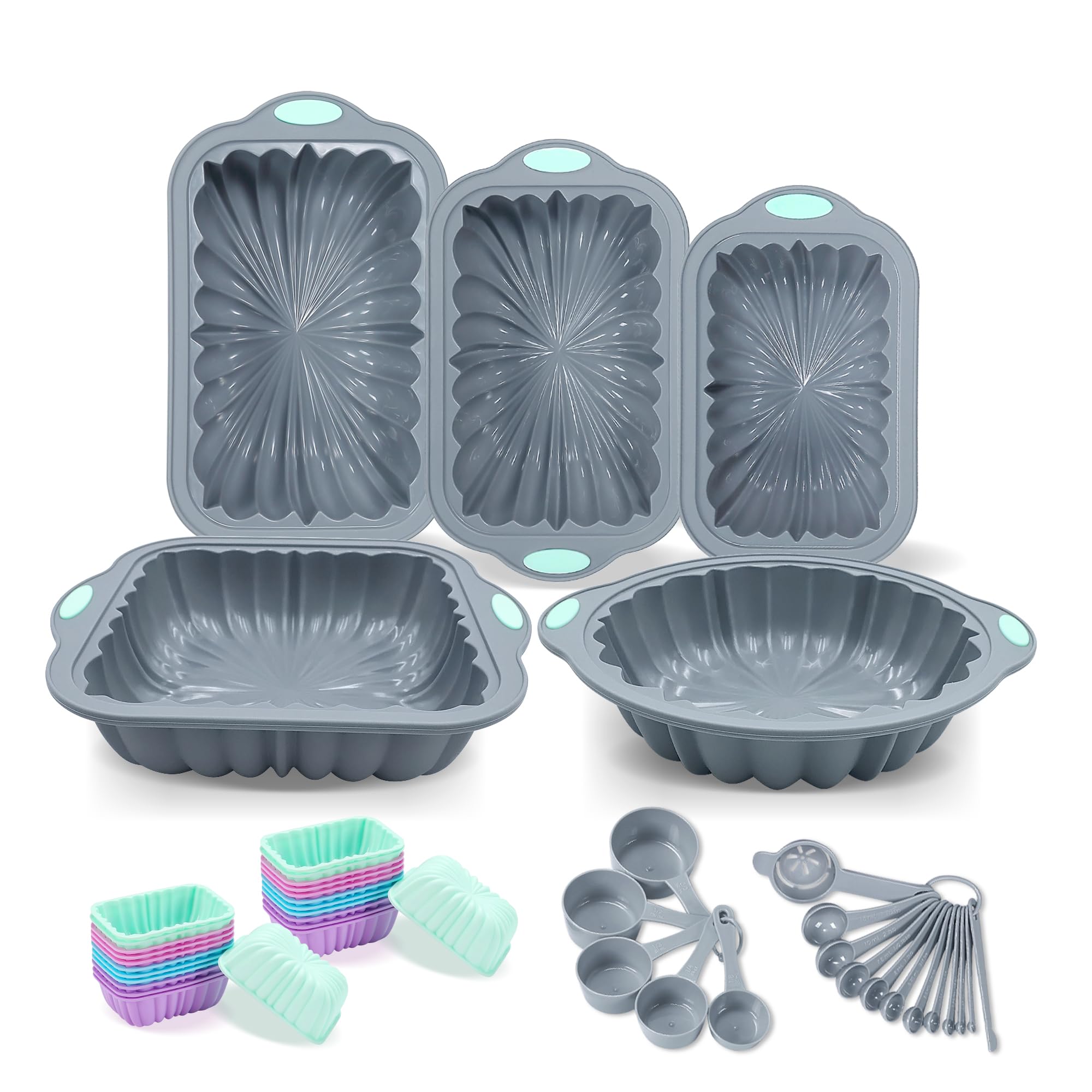 To encounter 46 Pieces Silicone Baking Pans Set, Metal Framed Cake Molds, Nonstick Fluted Loaf Pans for Muffin, Bread, with Silicone Cupcake Mold, Measuring Cups and Spoons Set, Light Grey