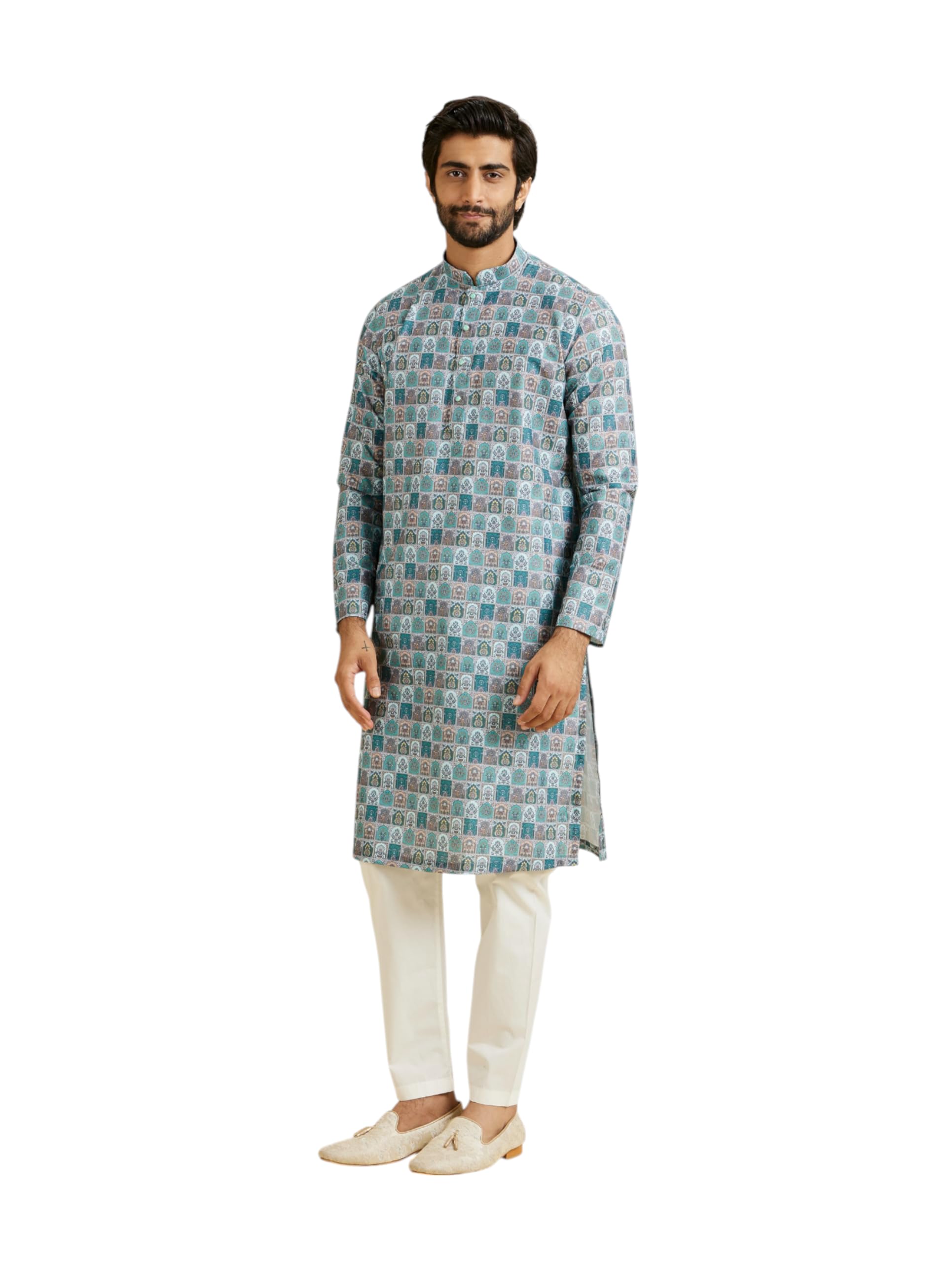 manyavar Men's Cotton Blend Printed Kurta Pyjama Set (2pcs)-picture-32