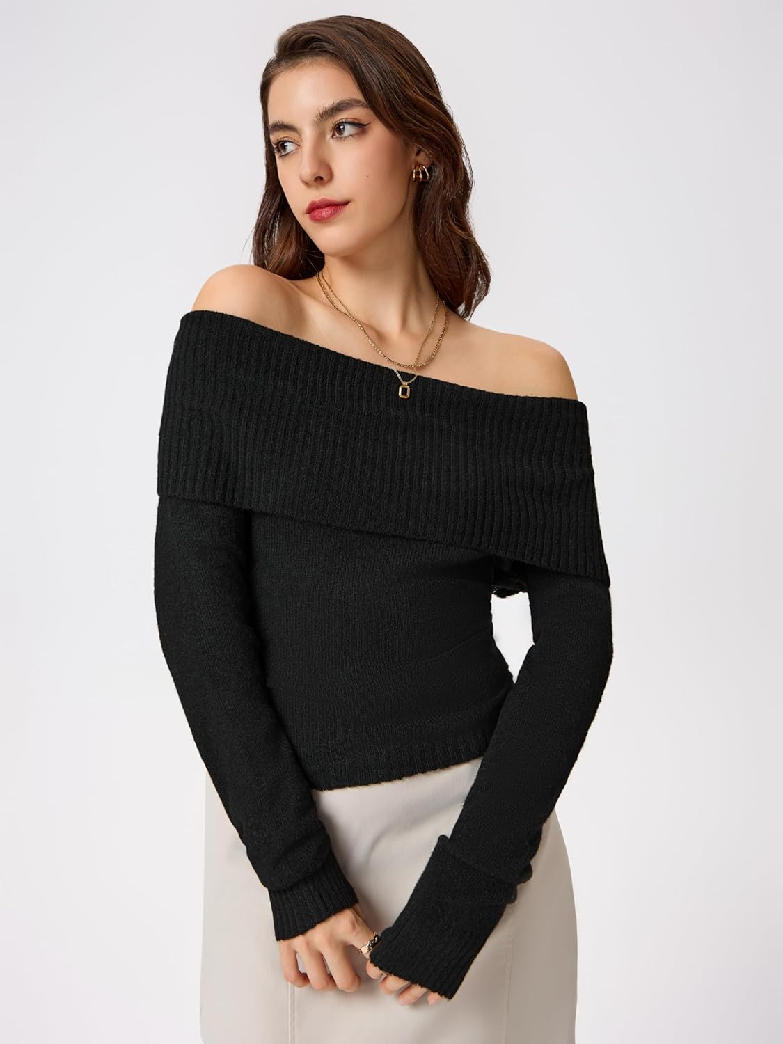 CIDER Women’s Off Shoulder Knitted Long Sleeve Tops Fall Pullover Sweater - Image 4