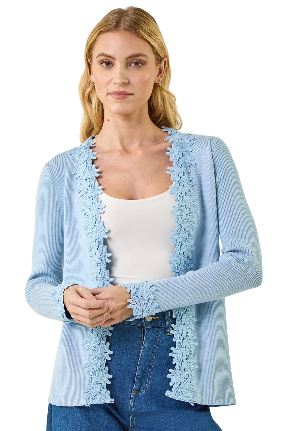 Roman Originals Women's Light Blue Lace Trim Knit Cardigan For Uk - Everyday Holiday Spring Summer Comfy Soft Evening Vacation Work Party - Size 20
