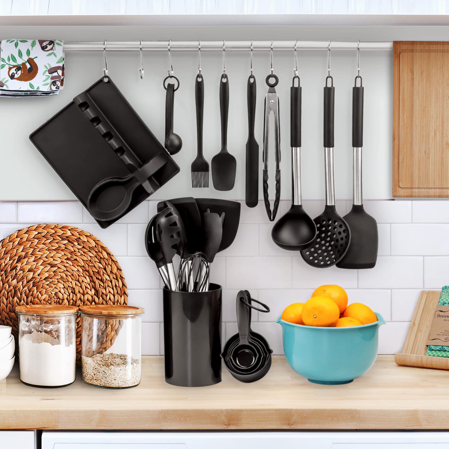Silikon-Küchenhelfer-Set, hitzebeständig, Küchenutensilien-Set, Edelstahl-Silikonutensilien-Set für antihaftbeschichtetes Kochgeschirr, BPA-frei, spülmaschinenfest
