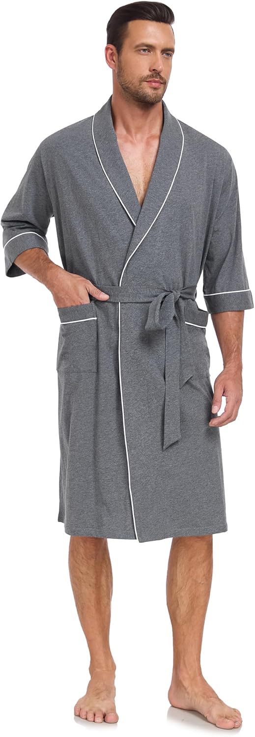 COLORFULLEAF 100% Cotton Men's Bathrobes for Summer Comfort Lightweight Breathable Short Sleeve Kimono Robe with pockets - Image 4