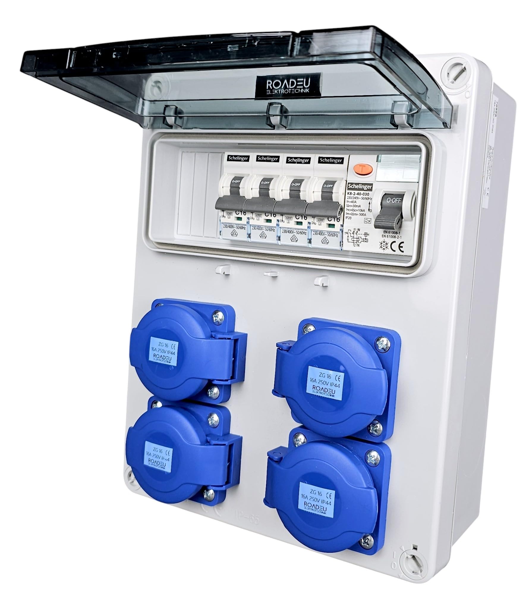 RoadEu Cuadro eléctrico 230V IP44 con diferencial y 4 tomas Schuko | 4 magnetotérmicos C16A VDE, cableado 2,5 mm², bornes N+PE, PG16, precableado