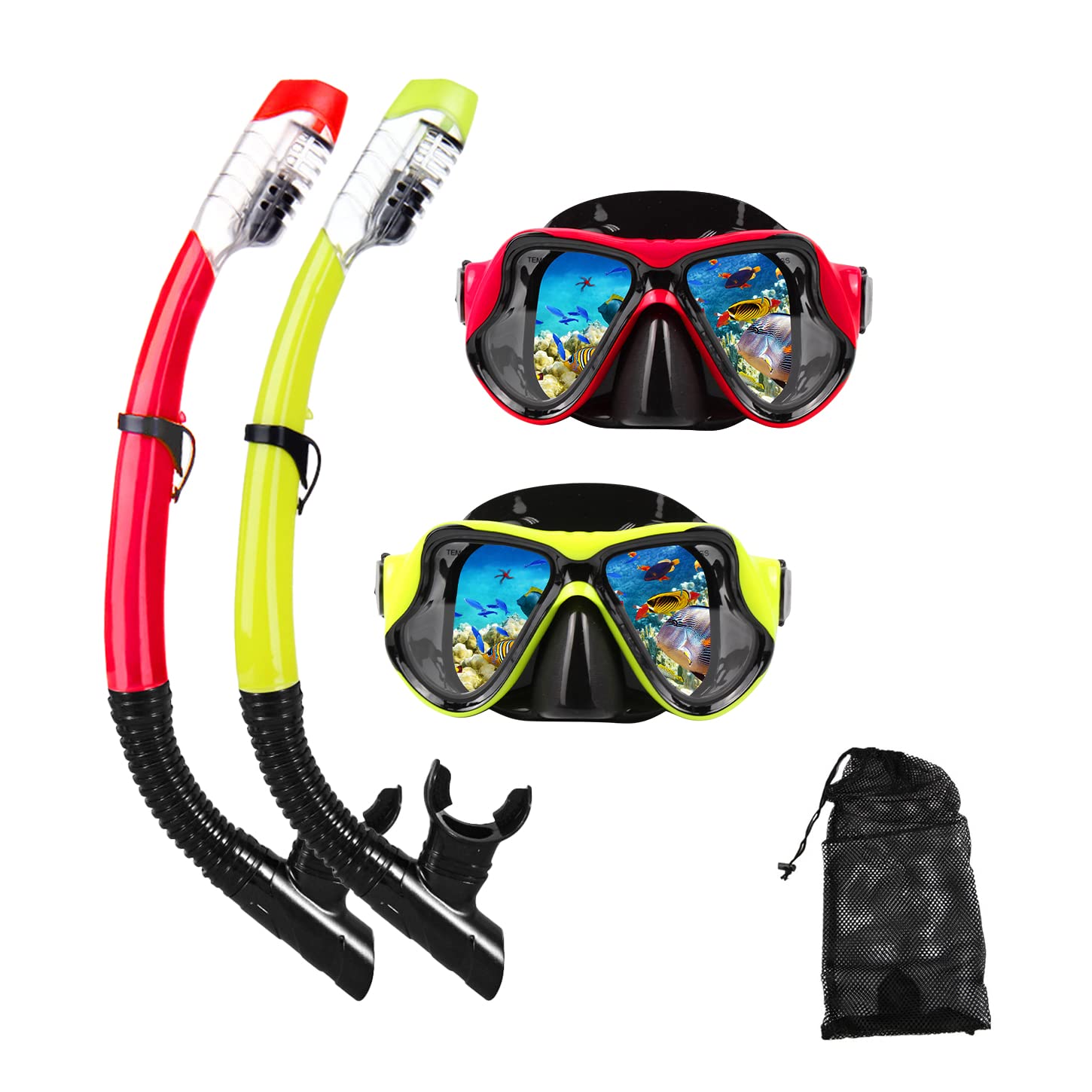 Snorkeling Gear for Adults Snorkel mask Set Scuba Diving mask Dry Snorkel Swimming Glasses Swim Dive mask Nose Cover Youth Free Diving (Red+Yellowï¼ˆ2 Packï¼‰)