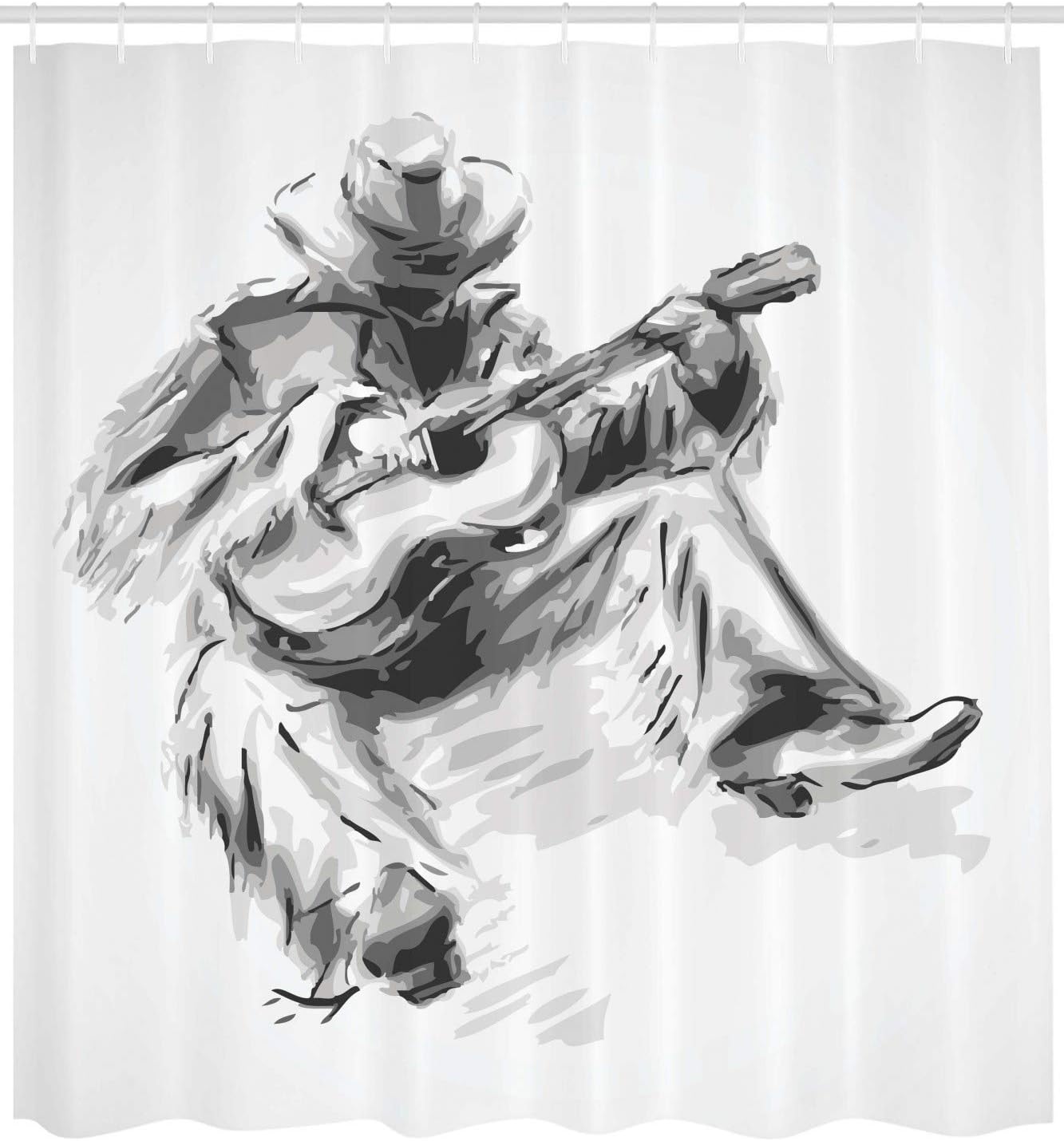 Ambesonne Music Shower Curtain, Illustration of a Cowboy Sitting on The Floor and Playing The Guitar Print, Cloth Fabric Bathroom Decor Set with Hooks, 69" W x 70" L, Black and Pale Grey
