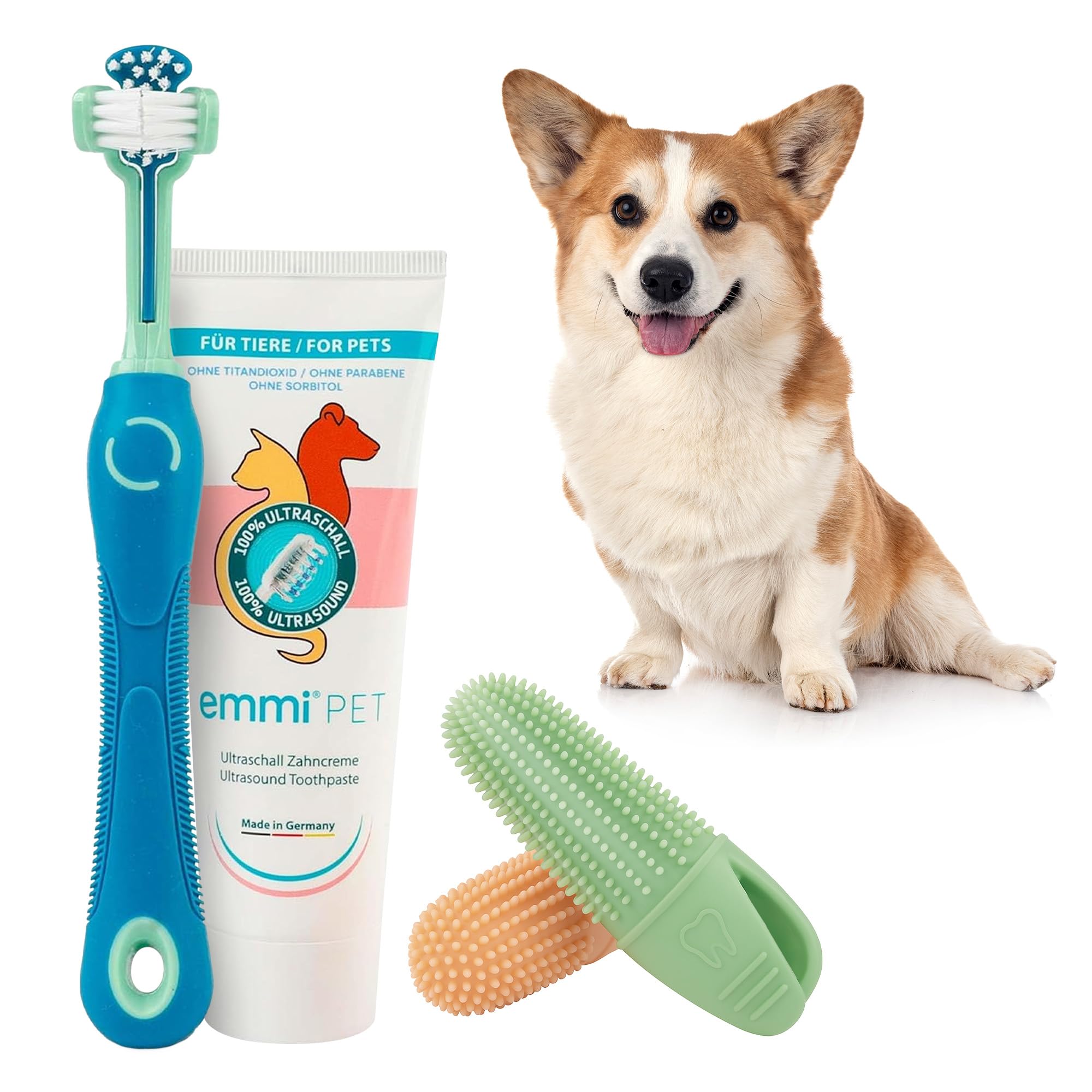 emmi-pet Zahnpflegeset für Hunde - 1x3köpfige Hundezahnbürste mit 1x Hundezahnpasta und 2x Fingerzahnbürste (Blau, Welpe - Junghund)