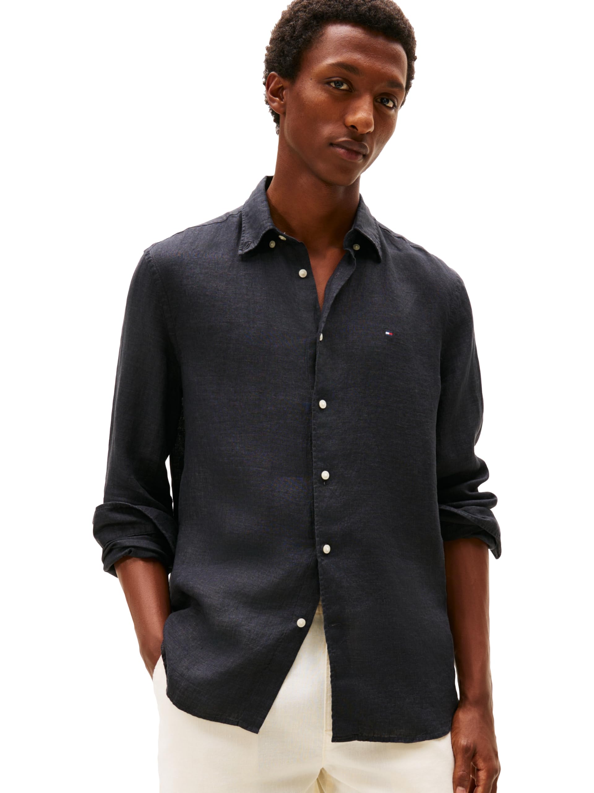 Tommy Hilfiger Men's Long Sleeve Casual Linen Button Down Shirts in Regular Fit