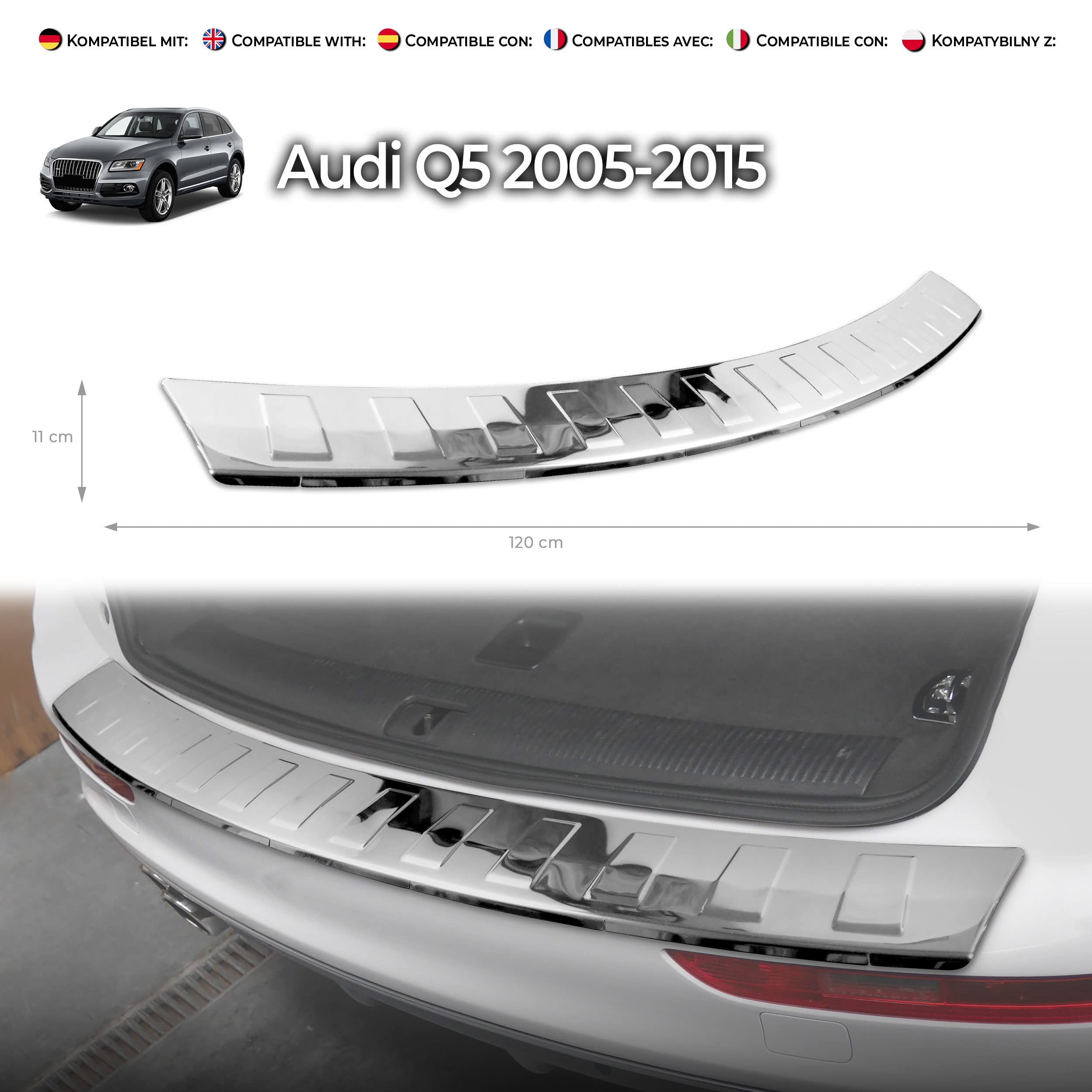 CHROMEMASTER - Accessori per Auto; Protezione paraurti Posteriore - Compatibile con Audi Q5 2008-2016 | Acciaio inossidabile lucidato - Protezione Paraurti Protegge la Vernice del Paraurti