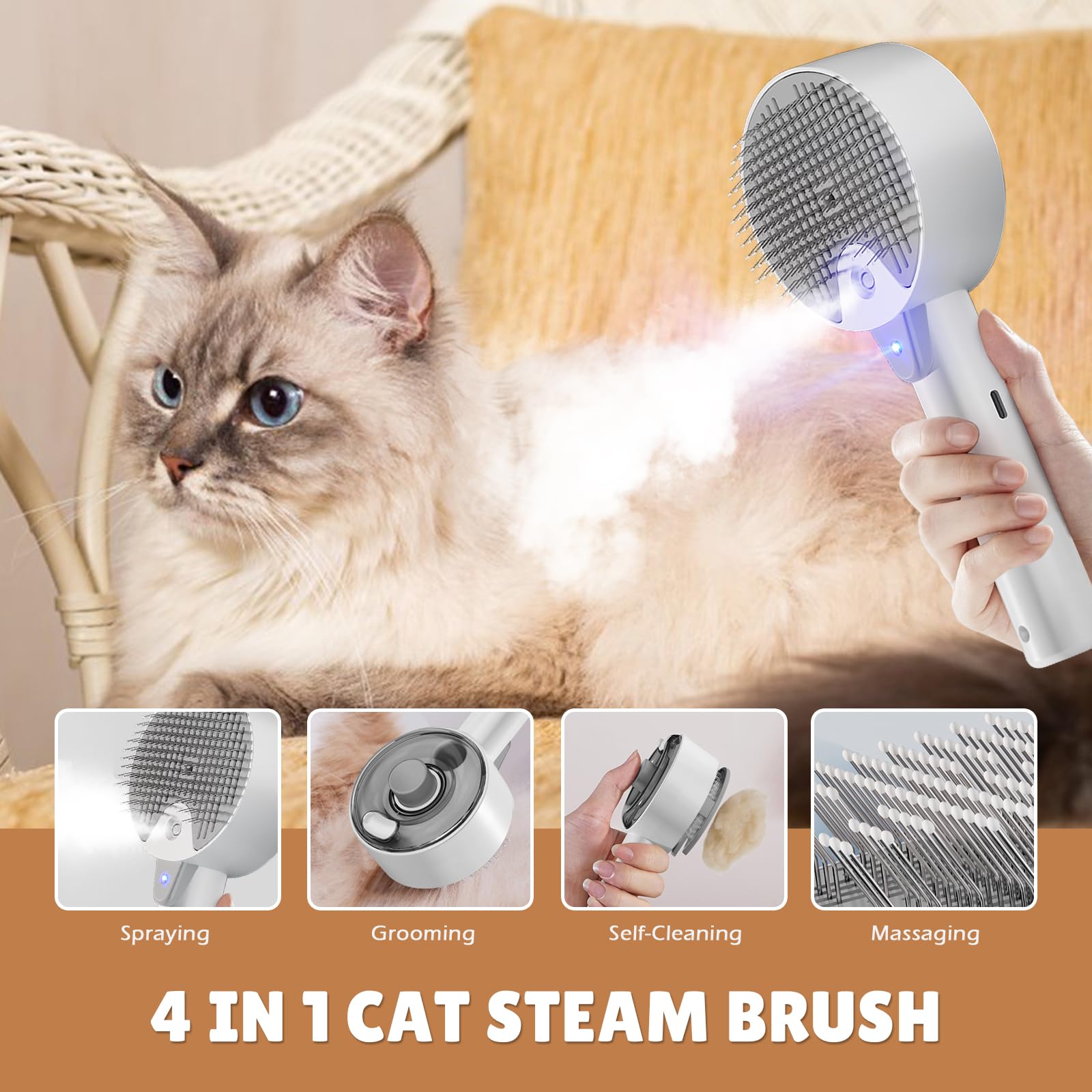Spazzola a vapore 4 in 1 per cani e gatti - Autopulente con serbatoio d'acqua - Toelettatura e massaggio per animali domestici（Grigio）